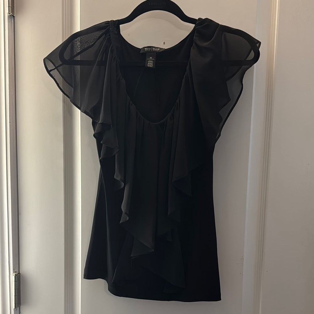White House Black Market Black Ruffled Flutter Sleeve Blouse